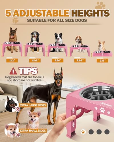 Jovrun Elevated Dog Bowls for Medium Large Size Dogs, Non-Slip Dog Feeder with 1*Stainless Steel Dishes & 1*Slow Feeder Bowl, 5 Heights Adjustable Raised Bowls to 3.15″-8.66″-9.84″-11.02″-12.2″ - Image 2