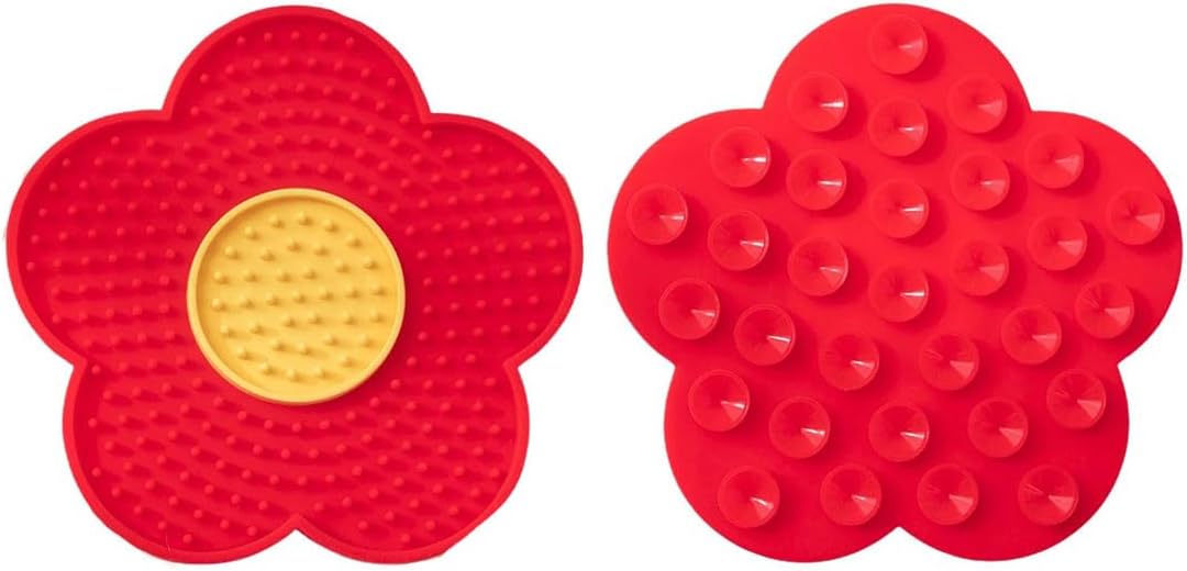 QWINEE Lick Mat for Dogs Cats Flower Shaped Pet Slow Feeder Dog Cat Puppy Bowl Lick Pad for Dog Fun Alternative to Slow Down Eat for Small Medium Large Dogs Red One-Size
