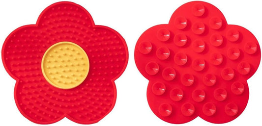 QWINEE Lick Mat for Dogs Cats Flower Shaped Pet Slow Feeder Dog Cat Puppy Bowl Lick Pad for Dog Fun Alternative to Slow Down Eat for Small Medium Large Dogs Red One-Size