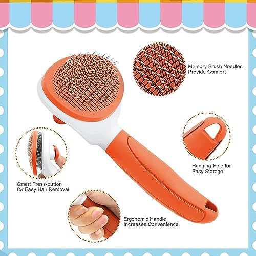 Cat Brushes for Indoor Cats, Dog Brush for Shedding with Metal Cat Comb, Self Cleaning Pet Hair Brush with Release Button for Grooming Kitten(Orange) - Image 3