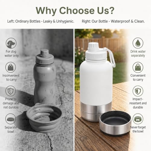 RYNVALE 32oz Insulated Stainless Steel Pet Water Bottle with Dog Bowl - Image 2