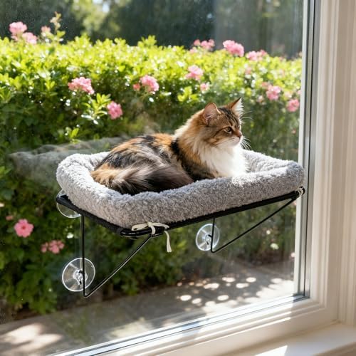 Cat Window Perch, Cordless Cat Hammock Window Seat with Sturdy Metal Frame Supports and 4 Strong Suction Cups (Grey, Short Hair) by Unknown