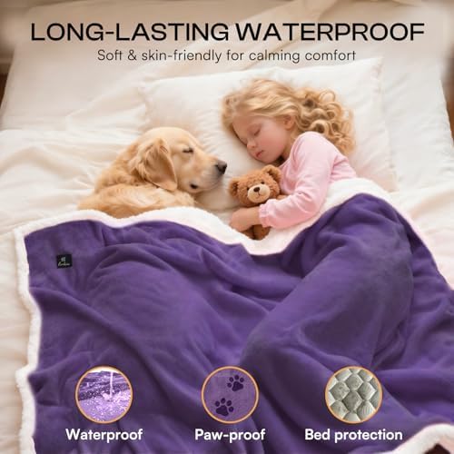Luciphia Waterproof Bed Blanket Washable,Soft Sherpa Fleece Puppy Reversible Throw Blankets for Medium Large Dog Cat,Furniture Cover Protector Couch from Liquid Pee and Pet Fur,Purple White,65" x 57" - Image 4