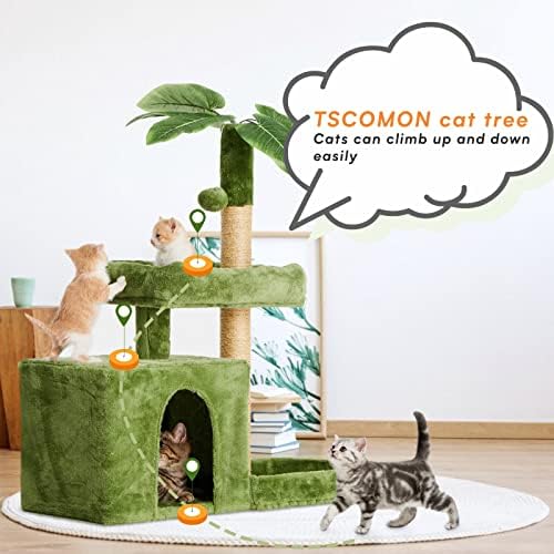 31.5inch Small Cat Tree Tower Condo for Indoor Cats, Soft Plush Multi-Level Climbing Tree Cat House with Cat Cave, Scratching Post, Sisal Rope, Green - Image 3