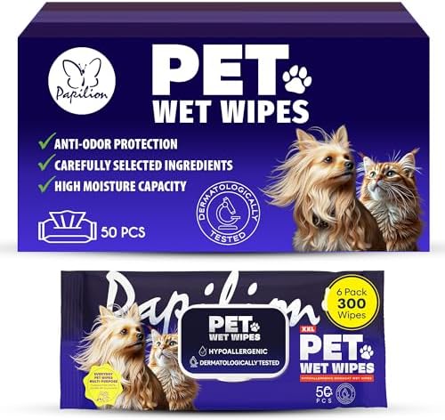 Papilion Pet Wipes for Dogs & Cats, Gentle Grooming & Cleaning Wipes, Safe for Paws, Coat & Face for Daily Use, Paraben-Free, Extra Large All-Purpose Wipes, Flip-Top Pack, 300 Count by Papilion
