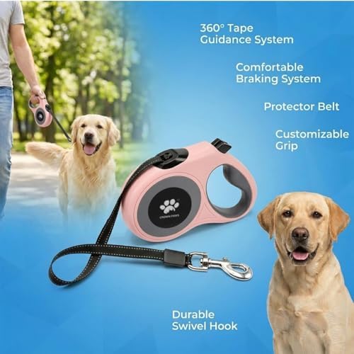 16 ft Retractable Dog Leash for Extra Large Dogs up to 130 lbs,Tangle-Free Nylon Tape,Pink Dan24 XL - Image 2