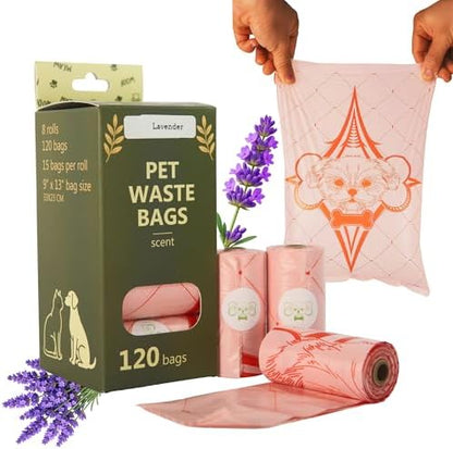 Thick Dog Poop Bags Rolls, Leak-Resistant Pet Waste Bags, 120 Count (8 Rolls), 9x13 in Large, Lavender Scented, Fits Most Dispensers, Pink by Unknown