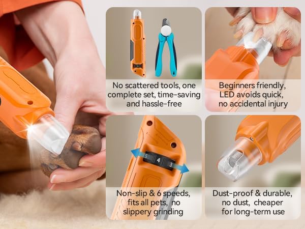 PAPIFEED 6 Speed Pet Nail Grinder with Dual LED Lights, Rechargeable Dog Nail Trimmer with Dust Proof Cover, Type-C Charging Powerful Torque Pet Nail Clipper for Small Medium Large Dogs Cats?Orange?