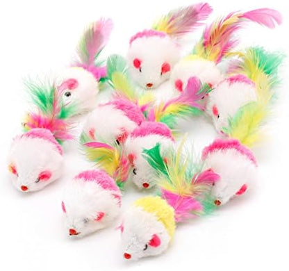 10pcs Novelty Pet Kitten Cat Furry Mouse Shaped Feather Tail Fetch Toy Gift Cat Mouse Toys for Indoor Cats That Make Noise, with Rattle, Catnip, Electronic, Robotic, Moving, Squeak