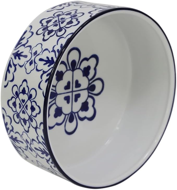 Vintage Blue & White Ceramic Large Dog Bowl - 8'' Dog Food Water Bowl for Medium and Large Dogs Breed, Heavy Duty Non-Slip Dish, Modern Pet Feeder Bowl, Dishwasher Safe-57 fl OZ