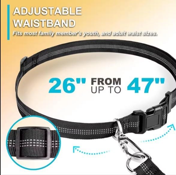 Hands Free Dog Leash with Adjustable Waist Belt, Dual Padded Handles, Elastic Bungee Ropes for Small to Large Dogs, Reflective Stitches for Walking, Hiking, Running and Biking. (Black/Blue, Medium)