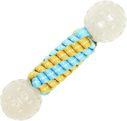 Knot Dog Bone Chew Toy with Squeaky Ball - Glow in The Dark Interactive Dog Chew Toy, Rope Toy for Small, Medium and Large Dogs, Teeth Cleaning and Boredom Relief