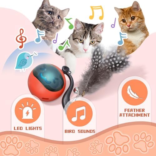 Interactive Cat Toy Ball, Automatic Self-Rolling Cat Toy with Feather Tail, Rechargeable Smart Cat Ball for Indoor Cats（Red） - Image 6
