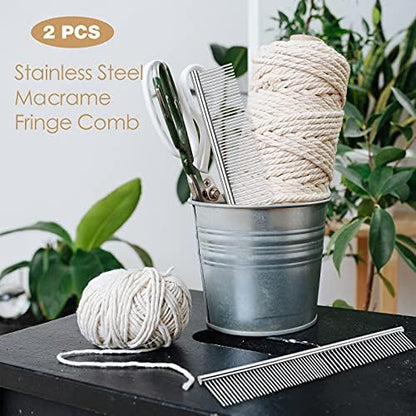 2 Pieces Macrame Comb and Tassel Brush Kit - Stainless Steel Combs for Pet Grooming, Macrame Fringe Cord and Supplies (Silver) - Image 3