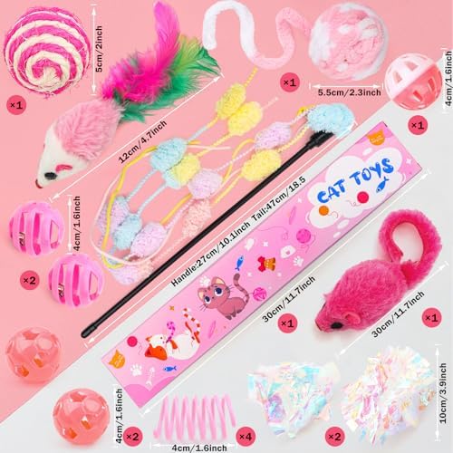 QUOZUO 16Pcs Cat Toy Set Pink Kitten Toys Pack Including Feather Teaser Interactive Wand Cat Springs Mice Crinkle Balls and Pet Bell Balls Toys for Bored Indoor Cats, Gift Box Styles (Pink) - Image 2