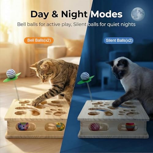 Pine Wooden Cat Puzzle Box, Interactive Maze & Scratch Enrichment Toy, Puzzle Toys for Indoor Cats with Sisal Wand, Silent & Bell Balls (Large) - Image 3