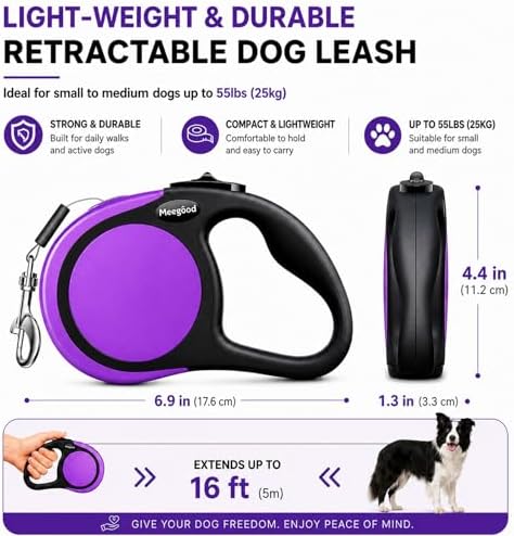 Heavy Duty Retractable Dog Leash-16ft Strong & Durable Walking Leash for S to L Dogs up to 45/115 lbs, Upgraded Lock System, Non Slip Grip, Tangle Free (Purple, Small/Medium) - Image 2