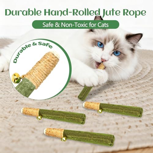 4-Pack Catnip Toys for Cats - Hand-Rolled with Hemp Rope & Bell Safe Teething Fun + Stress Relief Toys for Indoor Cats & Multi-Kitten Homes (Green) - Image 2