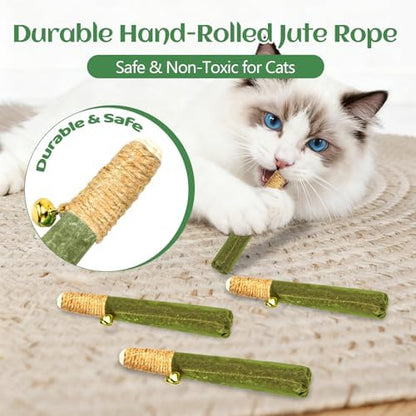 4-Pack Catnip Toys for Cats - Hand-Rolled with Hemp Rope & Bell Safe Teething Fun + Stress Relief Toys for Indoor Cats & Multi-Kitten Homes (Green) - Image 2