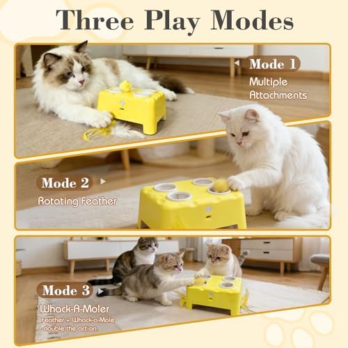 Cheese Box Interactive Cat Toy for Indoor Cats, 3-in-1 Whack a Mole Feather Toy, 3 Modes Rechargeable Auto Cat Toys for Bored Cats, 4 Holes Kitten Toy, 4 Accessories - Image 3