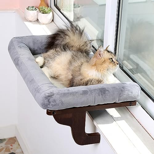 Zakkart Cat Perch for Windowsill with Bolsters (Dark Stained/Gray, L) by Zakkart