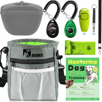 BARKIE Dog Training Kit - Treat Pouch, Pet Training Fanny Pack, 2 Puppy Training Clickers, Ultrasonic Silent Whistle, 2-in-1 Whistle Clicker, Clicker Training Guide Booklet, Dog Poop Bag (Grey) by BarkieHouse