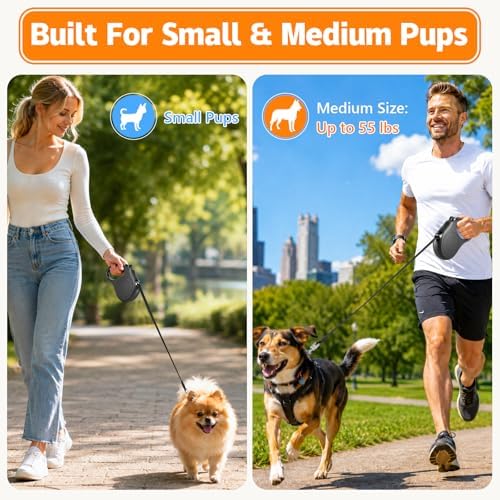 Retractable Dog Leash, 16 FT Strong Nylon Tape for Small and Medium Dogs up to 55 lbs, 360° Tangle-Free Design, One-Hand 3-Mode Brake & Lock, Ergonomic Non-Slip Handle, Black - Image 2