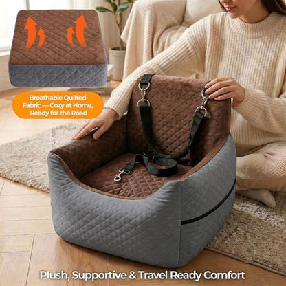 Dog Booster Seat for Small Dogs & Medium Sized Dog – Elevated Car Seat with Safety Leash, High Density Foam, Storage Pockets & Washable Cover – Up to 35 lbs for Puppies & Cats (Gray & Dark Brown) - Image 4