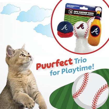 BEST PLUSH CAT TOY - MLB ATLANTA BRAVES Complete Set of 3 piece Cat Toys filed with Fresh Catnip. Incld: 1 Baseball Cap Cat Toy, 1 Baseball Cat Toy with Feathers, & 1 Beer Bottle. Beautiful Team LOGOS - Image 3