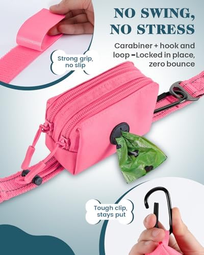 Dog Poop Bag Holder for Leashes, Pink Doggie Waste Bag Dispenser and Treat Holder, with Carabiner Hook and Poop Bag Clip, Used Waterproof Wear-Resistant Fabric and 2 Zippered Pouches for Walking - Image 4