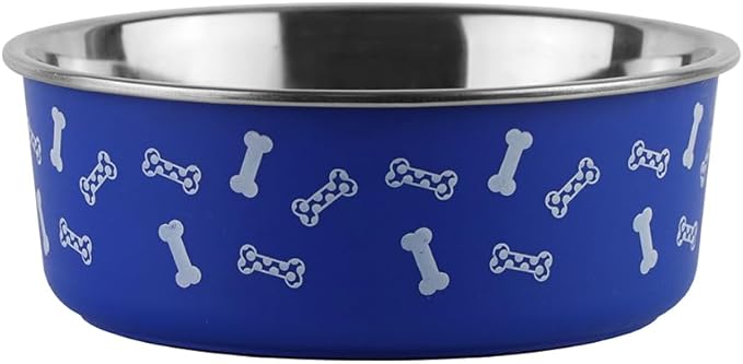 Anti-Skid Stainless Steel Dog Bowl with Anti-Skid Base, 32 fl oz | Food & Water Bowl for Small Dogs, Puppies & Cats, | Durable Pet Bowl, Blue Bone Print