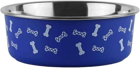 Anti-Skid Stainless Steel Dog Bowl with Anti-Skid Base, 32 fl oz | Food & Water Bowl for Small Dogs, Puppies & Cats, | Durable Pet Bowl, Blue Bone Print