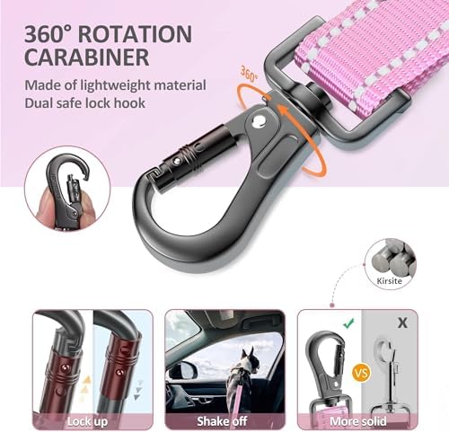 IOKHEIRA Dog Seat Belt 3-in-1 Car Harness for Pets Adjustable Safety Seatbelt Nylon Reflective Bungee Fabric Dog Car Harness with Clip Hook Latch & Buckle, Swivel Zinc Alloy Carabiner (Pink) - Image 3
