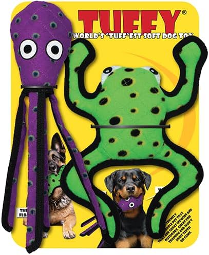 TUFFY - World's Tuffest Soft Dog Toy - Desert - Multiple Layers. Made Durable, Strong & Tough. Interactive Play (Tug, Toss & Fetch). Machine Washable & Floats (Phrog/Squid Combo Pack, Large)