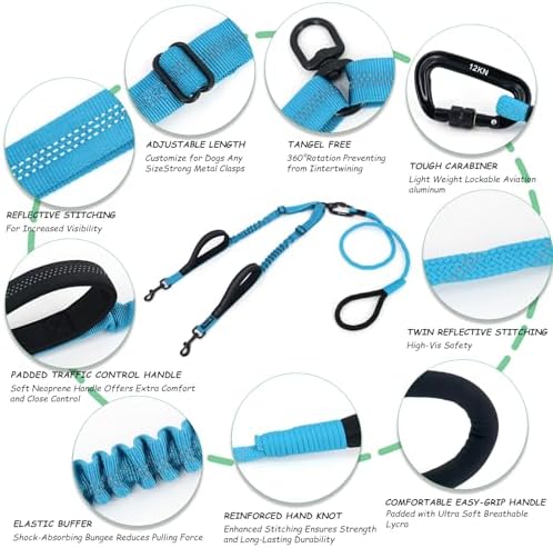 Double Dog Leash No Tangle – Dual Dog Leash for 2 Dogs with Shock Absorbing Bungee, 360° Swivel, Reflective Safety, Heavy Duty for Medium & Large Dogs (Bright Blue) - Image 5