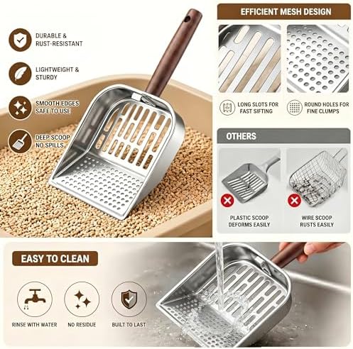 Ergonomic Wood Handle Cat Sifter Scoop, Metal Kitty Litter Shovel with Small Mesh Holes for Tiny Clumps, Durable Stainless Steel Sifter for Clay & Fine Sand Litter - Image 4