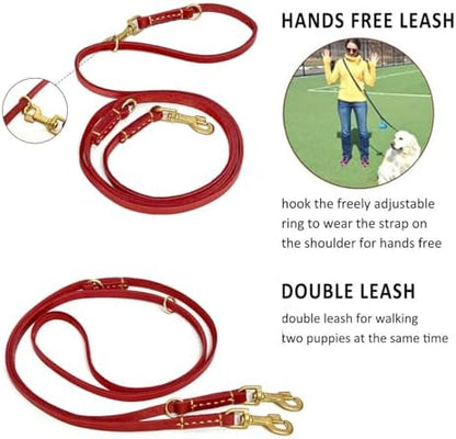 Soft Multi-Function 6 in 1 Leather Training Walking Leash, Hands Free, Dual, Crossbody for Medium and Large Dogs (8 Foot*5/8", Red) - Image 3
