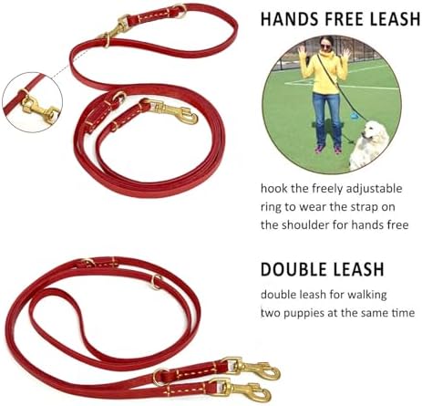 Multi Function 8ft Genuine Leather Hands Free Dog Training Leash for Puppy Small and Medium Dogs (8 Foot*3/8 inch, Red) - Image 3