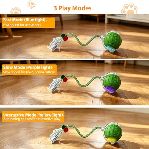 Interactive Cat Toys Ball for Indoor Cats, Automatic Self-Rolling, Motion-Activated, Bird Chirping Cats Dogs Ball Toy with Elastic Mesh Tail, Cat Enrichment Toys for Indoor Cats (Green) - Image 3
