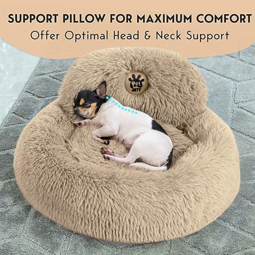 PetJett Calming Dog Beds for Small Dogs – 23" Donut Dog Beds, Anti-Slip & Washable Puppy Bed - Fluffy Plush Faux Fur Pet Bed, Anti-Anxiety Premium Comfort Round Pillow, Fits Dogs up to 25 lbs – Beige - Image 2