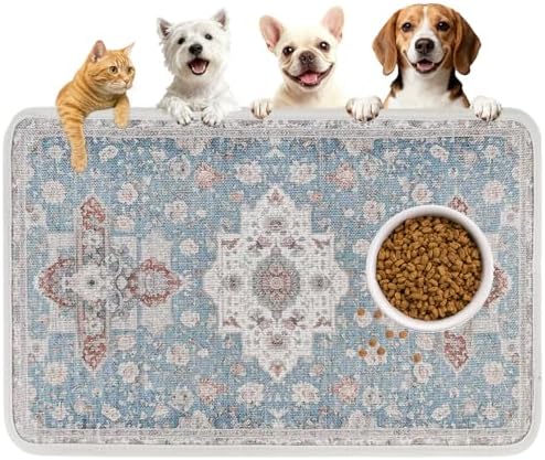 PUPTECK Dog Food Mat, Absorbent Pet Feeding Bowl Mat, Non-Slip Dog Mat for Food and Water, Quick Dry No Stains Cat Placemats Pet Supplies for Messy Drinkers, Blue 16"x24" by PUPTECK