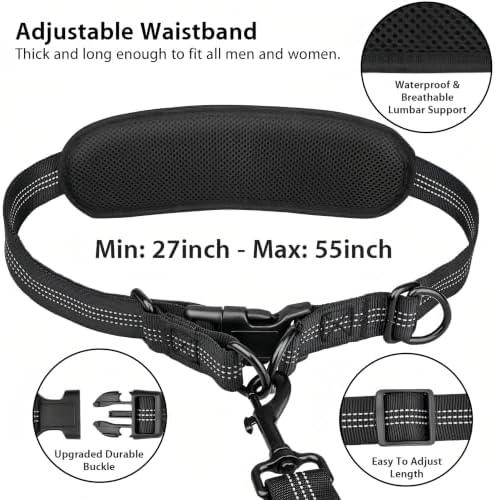 Uppetly Hands Free Dog Running Leash with Zipper Pouch, Dual Padded Handles, Elastic Bungees Retractable Rope for Large Dog, Adjustable Waist Belt, Reflective Stitches for Walking (Black, 25-120lb) - Image 3