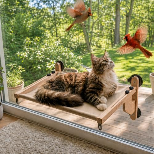 Extra Wide Cat Window Perch, 3-in-1 & Cordless with Solid Wood Frame by JessWednes