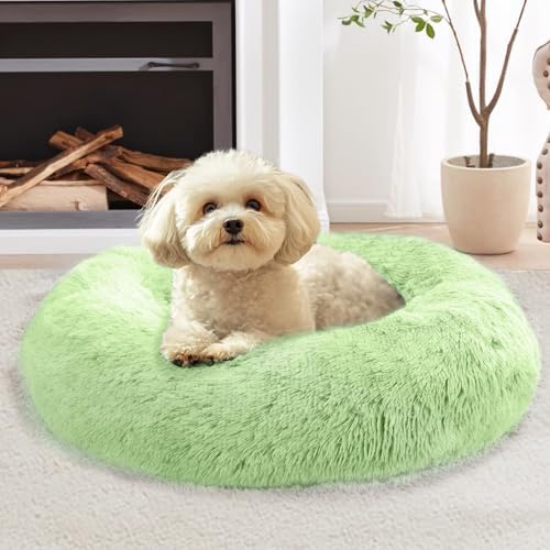 JOLLYVOGUE Calming Dog Bed for Small Dogs - 23 inches Donut Washable Small Dog Bed for Kittens & Puppies, Anti-Slip Round Fluffy Plush Faux Fur Cat Beds (Fits up to 25 lbs Pets, Light Green) by JOLLYVOGUE
