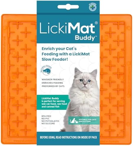 LickiMat Classic Buddy, Cat Slow Feeder Lick Mat, Boredom Anxiety Reducer; Perfect for Food, Treats, Yogurt, or Peanut Butter. Fun Alternative to a Slow Feed Cat Bowl or Dish, Orange by LICKIMAT