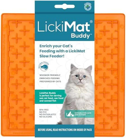 LickiMat Classic Buddy, Cat Slow Feeder Lick Mat, Boredom Anxiety Reducer; Perfect for Food, Treats, Yogurt, or Peanut Butter. Fun Alternative to a Slow Feed Cat Bowl or Dish, Orange by LICKIMAT
