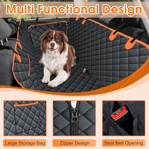 NECKORY Waterproof Dog Car Seat Cover for Back Seat - Durable, Scratch Proof Pet Hammock with Nonslip Design & Storage Pockets, Fits Cars, SUVs, Trucks- S, Black/Orange - Image 3