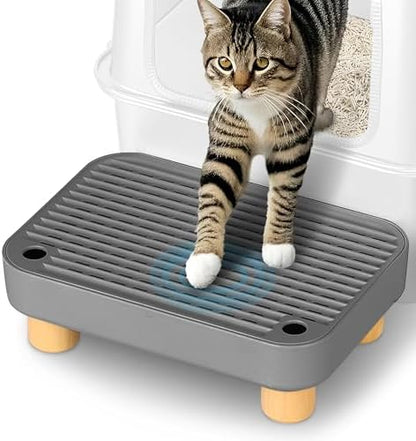 Litter Box Step, Litter Box Ramp/Catcher with Wooden Base, Anti-Tracking & Easy to Clean, Ideal for Small & Elderly Cats 11.8"x7.9"x3.6" (Dark Gray) by Aothey