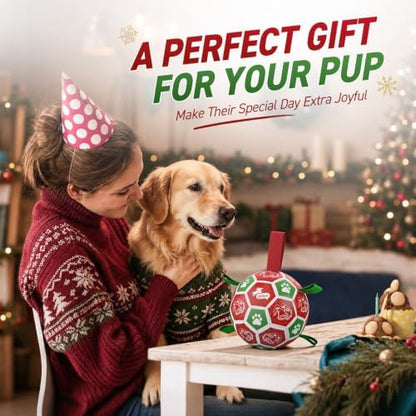 QDAN Christmas Dog Balls with Straps, Squeaky Dog Toys for Indoor Outdoor Playing, Puppy Birthday Gifts, Pet Toy Ball, Durable Herding Balls for Dogs (8 Inch) - Image 2