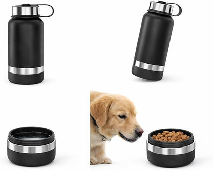 Stainless Steel Dog Water Bottle 32oz with Built-in Bowl, Leak-Proof Travel Pet Water Dispenser, Carry Loop for Walking, Hiking, Outdoor Use (Black)